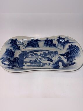 Antique Chinese Blue & White Serving Dish Hand Painted  Village Scene 12”x6.5”